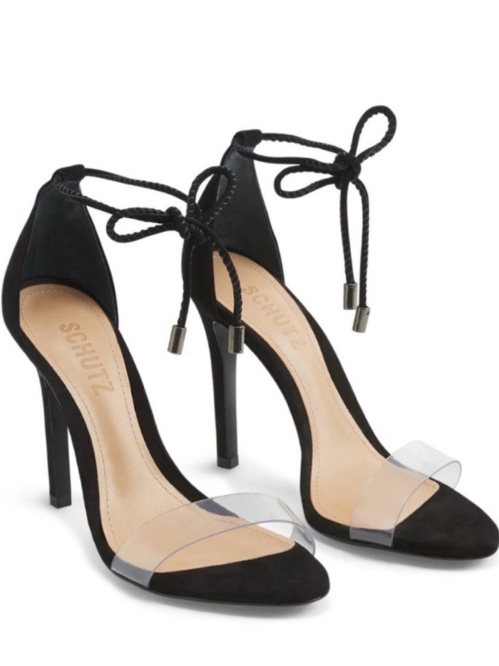 SCHUTZ Black Suede Pointed-Toe Stiletto Heels with Clear Strap and Ankle Tie